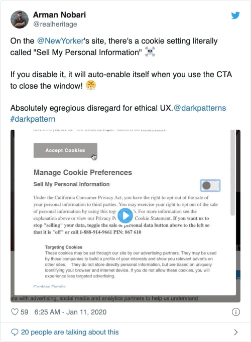 Twitter post showing cookie management