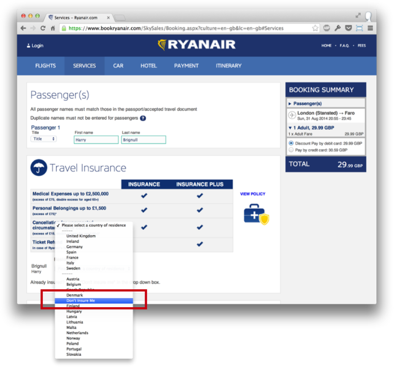 Ryanair order page adding travel insurance by default