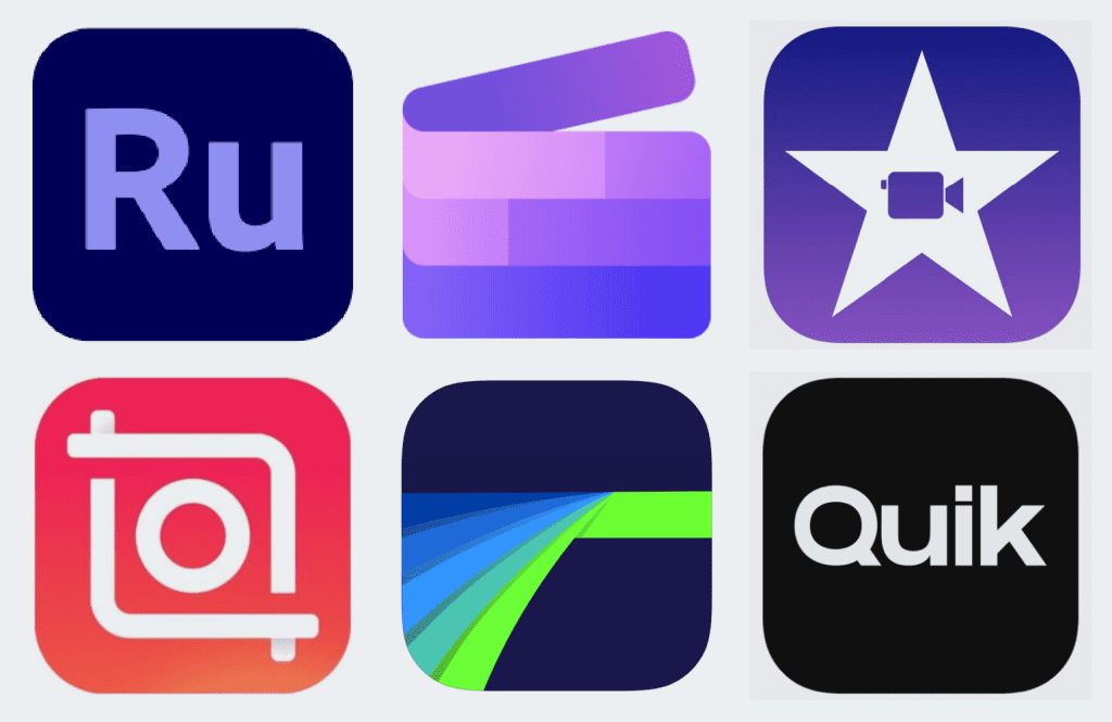 Adobe Premiere Rush, ClipChamp, iMovie, InShot, Luma Fusion and Quik app logos