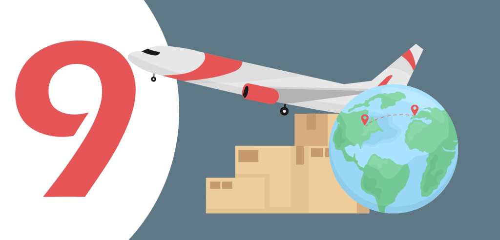 Graphic containing number 9, a plane taking off, the bunch of delivery boxes and the Earth with some pins on.