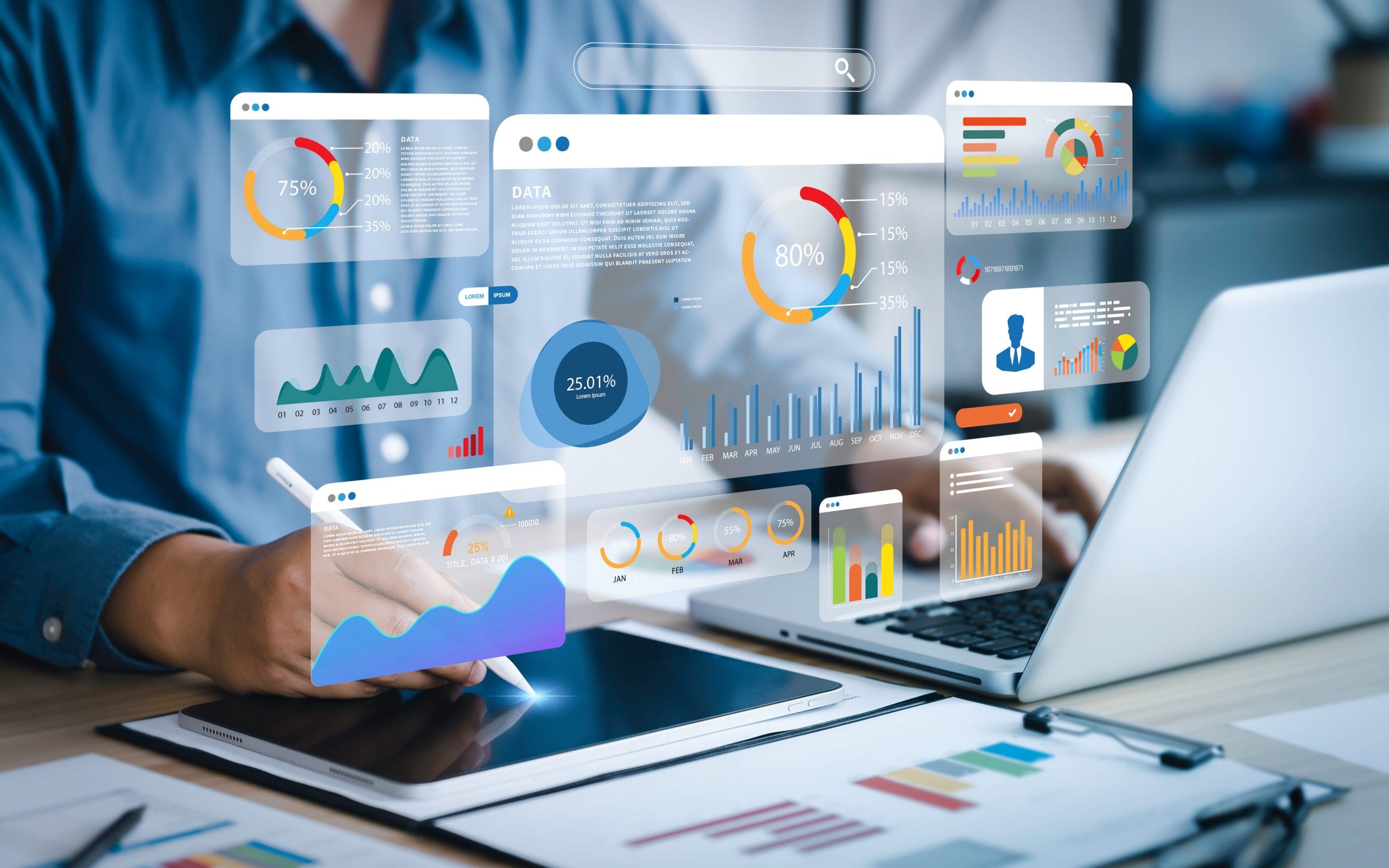An analyst uses a computer and dashboard for data business analysis and data management